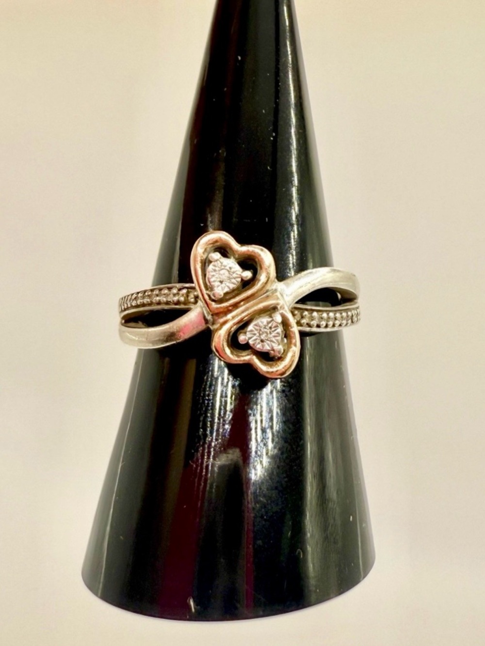 10k Heart Accent Silver and Rose Gold Ring with Diamond Accents